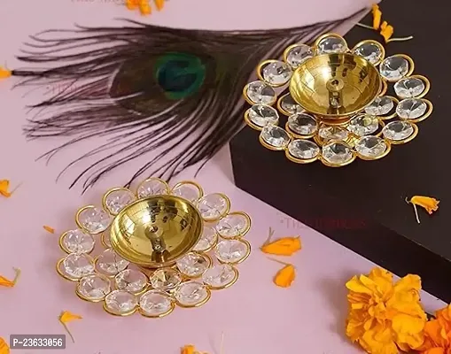 Haridwar Divine  Pack of 2 Crystal Akhand Diya for Diwali Decoration - Brass Diya for Puja Oil Puja Lamp - Diwali Decoration Items for Home Decor and Diwali Gifts