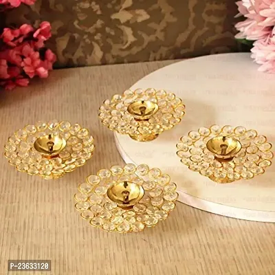 Haridwar Divine  Set of 4 Bowl Shape Crystal Golden Brass Diyas for Diwali, Navratri, Dussehra, and Other Festive Occasions