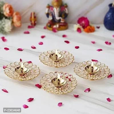 Haridwar Divine  Pack of 4 Crystal Akhand Diya for Diwali Decoration - Brass Diya for Puja Oil Puja Lamp-thumb2