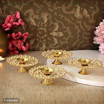 Haridwar Divine Set of 4 Bowl Shape Crystal Golden Brass Diyas for Diwali, Navratri, Dussehra, and Other Festive Occasions