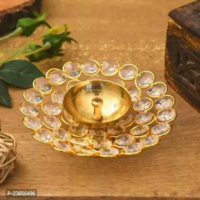 Haridwar Divine Crystal Akhand Diya Oil Puja Lamp Decorative Round for Home Office Gifts Pooja Articles Decor (Medium, Golden) - 4.75 X 1.5 Inch-thumb0
