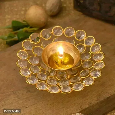 Haridwar Divine Crystal Akhand Diya Oil Puja Lamp Decorative Round for Home Office Gifts Pooja Articles Decor (Medium, Golden) - 4.75 X 1.5 Inch-thumb4