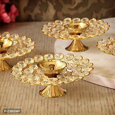 Haridwar Divine Brass Lotus Crystal Akhand Diya Jyoth Deepak for Diwali, Temple Puja (Golden- Pack of 4)