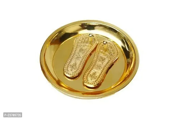 Haridwar Divine Golden Laxmi Charan Paduka for Laxmi with Plate and Diwali Pooja Decorative Showpiece-thumb2