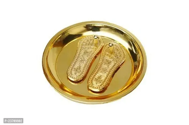 Haridwar Divine Gold Plated shri maa laxmi charan paduka with Plate Hindu Religious Diwali Pooja Article fengshui Home and Office  (Golden, Brass)