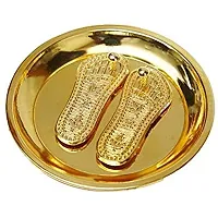 Haridwar Divine Gold Plated shri maa laxmi charan paduka with Plate Hindu Religious Diwali Pooja Article fengshui Home and Office  (Golden, Brass)-thumb3