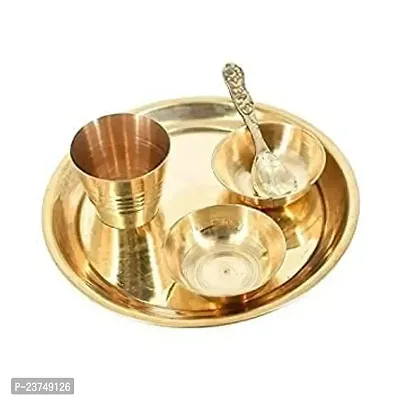 Haridwar Divine  Handmade Brass Decorative Om Symbol in Centre Pooja Tali |Bhog Plate, 2 Bowl, Small Glass, Spoon for Puja and Diwali Gifting (Pack of 5)-thumb0