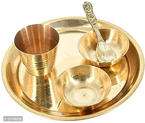 Haridwar Divine Laddu Gopal kanha ji Thakur ji Brass Pooja Bhog Thali Set- 5 Pcs [Plate, Glass,2 Bowl and Spoon] Size: 5.5 Inch-thumb3