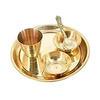 Haridwar Divine Pure Brass Laddu Gopal Pooja Bhog Set of 5 Pcs Thali Set (1 Dessert Plate/Thali + 2 Bowl + 1 Glass + 1 Spoon) Brass (5 Pieces, Gold)-thumb3