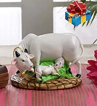 Haridwar Divine Poly Resin Decorative White Cow with Calf Showpiece Cow showpieces for Home Decor Cow Calf Idol for Home kamdhenu Cow Idol-thumb1