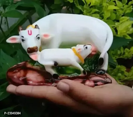 Haridwar Divine Handcrafted Poly Resin White Kamdhenu Cow with Calf Idol
