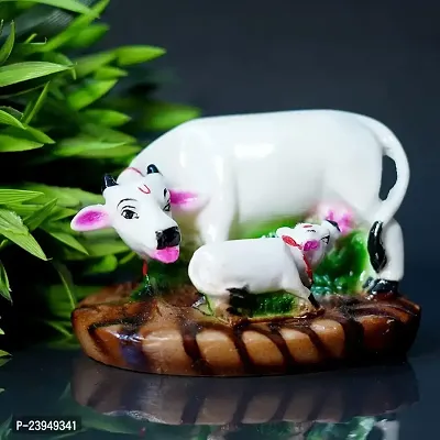 Haridwar Divine Poly Resin Decorative White Cow with Calf Showpiece Cow showpieces for Home Decor Cow Calf Idol for Home kamdhenu Cow Idol