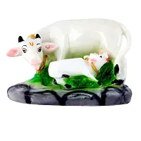 Haridwar Divine Marble Look Kamdhenu Cow with Calf Statue Murti for Home Pooja Gift Showpiece Idol-thumb2