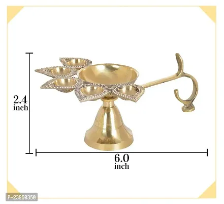 Haridwar Divine  Brass Pancharti Diya Oil Lamp Pach Aarti Deepak with Wooden Handle Dia Stand for Temple Diwali Pooja-thumb2