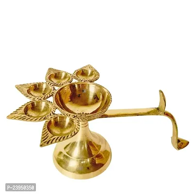 Haridwar Divine  Brass Pancharti Diya Oil Lamp Pach Aarti Deepak with Wooden Handle Dia Stand for Temple Diwali Pooja-thumb4