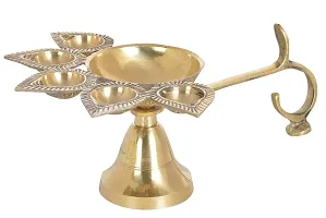 Haridwar Divine  Brass Pancharti Diya Oil Lamp Pach Aarti Deepak with Wooden Handle Dia Stand for Temple Diwali Pooja-thumb2