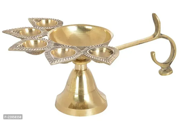 Haridwar Divine  Brass Pancharti Diya Oil Lamp Pach Aarti Deepak with Wooden Handle Dia Stand for Temple Diwali Pooja-thumb3