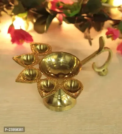 Haridwar Divine Brass Panch Diya For Puja Small Size Panch Aarti Lamp Pancharti Diya Oil Lamp Panch Mukhi Aarti Deepak Oil Lamp-thumb4