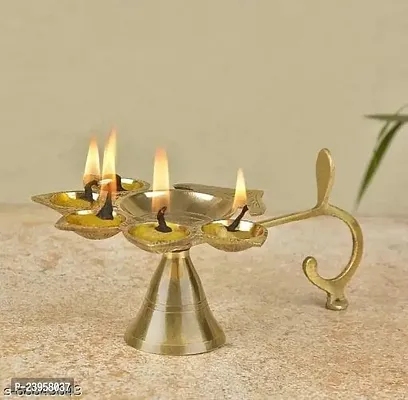 Haridwar Divine  Metal Brass Panch Aarti Lamp Pancharti Diya Oil Lamp Puja Aarti Diya Panch Mukhi Aarti Deepak Oil Lamp Puja Accessory for Gifting and Religious Purpose 5 Face Brass Diya Lamp-thumb3