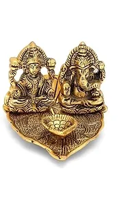 Haridwar divine  Golden Polished Laxmi Ganesh on Leaf with diya-thumb3