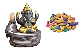 Golden Colour Lord Shree Ganesh With Free 10 backflow Cone Dhop Batti Stand . With  Made Of Polyresin Material.-thumb1