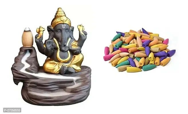 Golden Colour Lord Shree Ganesh With Free 10 backflow Cone Dhop Batti Stand . With  Made Of Polyresin Material.-thumb2