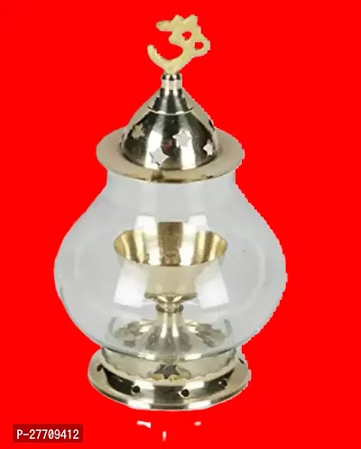 Decorative Brass  Akhand Diya with Glass Cover , Puja Diya for Mandir , Oil Lantern Decorate Living Room Diwali Navratri Special-thumb0