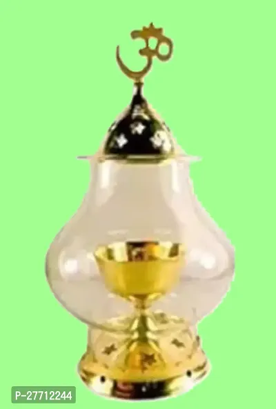 Diya for Pooja with Curved  Glass Cover Lantern, Decorative Brass  Glass Akhand Deepak Oil Lamp  Lantern for Durga Pooja  Diwali Navratri And Other Festivels-thumb0