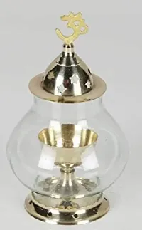 Diya for Pooja with Curved  Glass Cover Lantern, Decorative Brass  Glass Akhand Deepak Oil Lamp  Lantern for Durga Pooja  Diwali Navratri And Other Festivels-thumb1