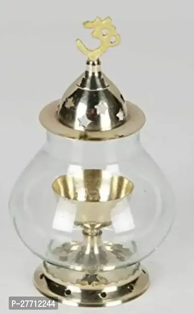 Diya for Pooja with Curved  Glass Cover Lantern, Decorative Brass  Glass Akhand Deepak Oil Lamp  Lantern for Durga Pooja  Diwali Navratri And Other Festivels-thumb2