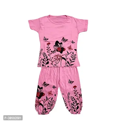 Elegant Pink Cotton Printed Top With Bottom Set For Girls