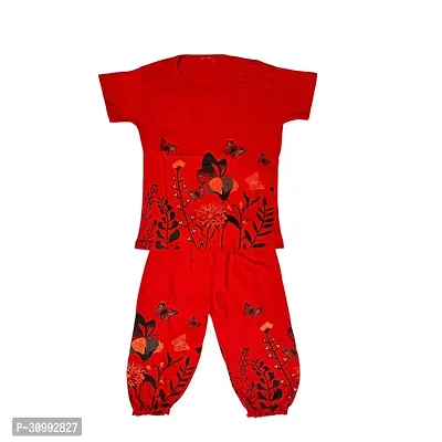 Elegant Red Cotton Printed Top With Bottom Set For Girls