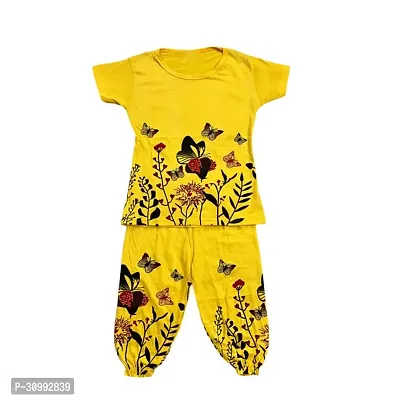 Elegant Yellow Cotton Printed Top With Bottom Set For Girls