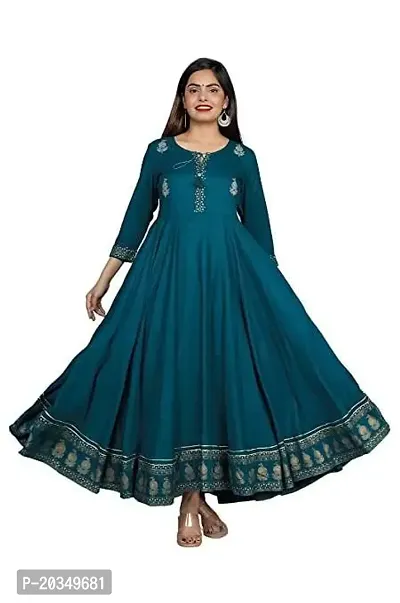 D S Enterprises Womens Border Embroidered Rayon Anarkali Kurta Gown/Embroidered Anarkali Kurta for Wedding/Solid Anarkali Kurta for Women/Flared Anarkali Gown for Women Green-thumb0