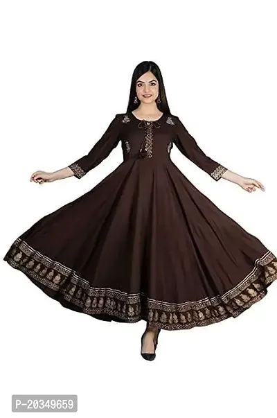 D S Enterprises Womens Border Embroidered Rayon Anarkali Kurta Gown/Embroidered Anarkali Kurta for Wedding/Solid Anarkali Kurta for Women/Flared Anarkali Gown for Women Brown-thumb0