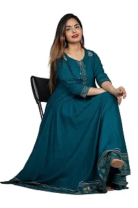 D S Enterprises Women' Embroidered Border Rayon Anarkali Kurta|Gown for Women|Flared Kurta for Women (S, T Blue)-thumb3