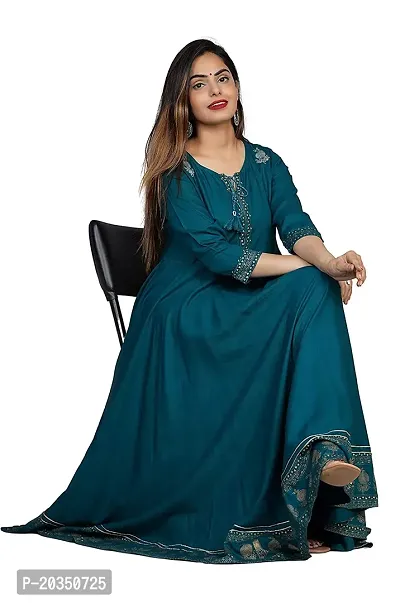 D S Enterprises Women' Embroidered Border Rayon Anarkali Kurta|Gown for Women|Flared Kurta for Women (S, T Blue)-thumb4