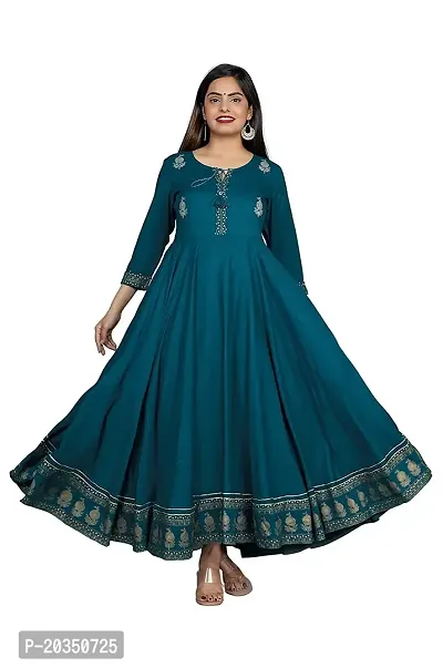 D S Enterprises Women' Embroidered Border Rayon Anarkali Kurta|Gown for Women|Flared Kurta for Women (S, T Blue)