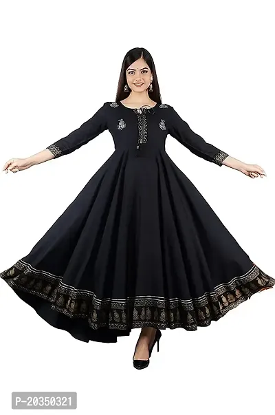 D S ENTERPRISES Women' Embroidered BORDER Rayon Anarkali Kurta|Gown for Women|Flared Kurta for Women (L, BLACK)