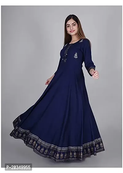 D S Enterprises Womens Border Embroidered Rayon Anarkali Kurta Gown/Embroidered Anarkali Kurta for Wedding/Solid Anarkali Kurta for Women/Flared Anarkali Gown for Women Blue-thumb3