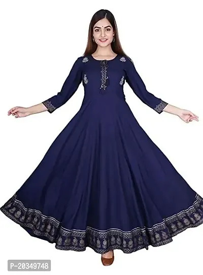 D S Enterprises Womens Border Embroidered Rayon Anarkali Kurta Gown/Embroidered Anarkali Kurta for Wedding/Solid Anarkali Kurta for Women/Flared Anarkali Gown for Women Blue