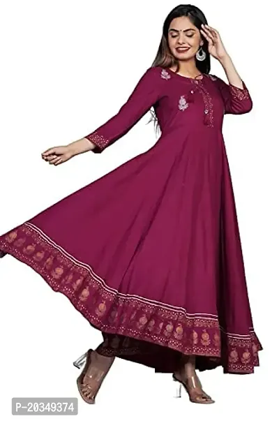 D S Enterprises Womens Border Embroidered Rayon Anarkali Kurta Gown/Embroidered Anarkali Kurta for Wedding/Solid Anarkali Kurta for Women/Flared Anarkali Gown for Women (S, Wine)-thumb0