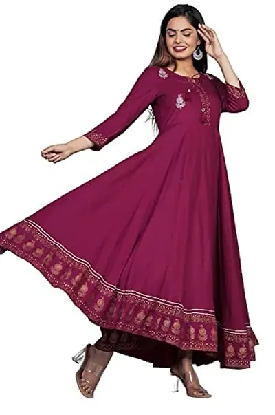 D S Enterprises Womens Border Embroidered Rayon Anarkali Kurta Gown/Embroidered Anarkali Kurta for Wedding/Solid Anarkali Kurta for Women/Flared Anarkali Gown for Women (S, Wine)