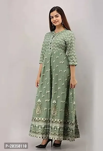 D S Enterprises Flared Flower Printed Anarkali Rayon Long Kurta for Women (3XL, Green)-thumb3