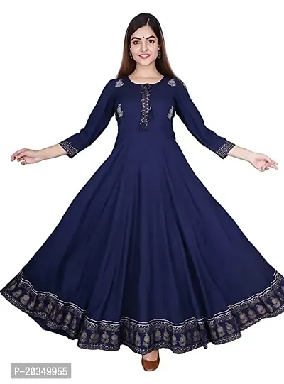 D S Enterprises Womens Border Embroidered Rayon Anarkali Kurta Gown/Embroidered Anarkali Kurta for Wedding/Solid Anarkali Kurta for Women/Flared Anarkali Gown for Women Blue-thumb2