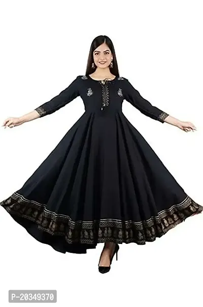 D S Enterprises Womens Border Embroidered Rayon Anarkali Kurta Gown/Embroidered Anarkali Kurta for Wedding/Solid Anarkali Kurta for Women/Flared Anarkali Gown for Women Black-thumb0