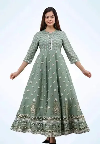 D S Enterprises Flared Flower Anarkali Rayon Long Kurta for Women (3XL, Green)