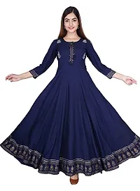 D S Enterprises Womens Border Embroidered Rayon Anarkali Kurta Gown/Embroidered Anarkali Kurta for Wedding/Solid Anarkali Kurta for Women/Flared Anarkali Gown for Women Blue-thumb1