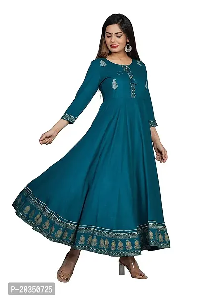 D S Enterprises Women' Embroidered Border Rayon Anarkali Kurta|Gown for Women|Flared Kurta for Women (S, T Blue)-thumb5