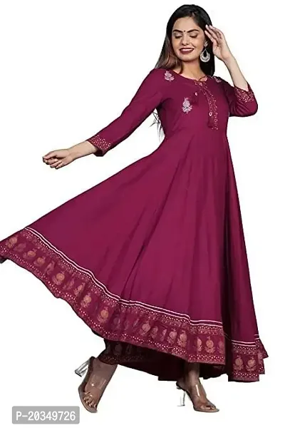 D S Enterprises Womens Border Embroidered Rayon Anarkali Kurta Gown/Embroidered Anarkali Kurta for Wedding/Solid Anarkali Kurta for Women/Flared Anarkali Gown for Women-thumb0